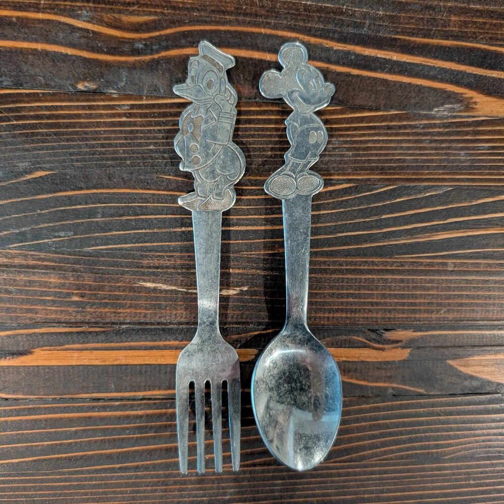 Vintage Mickey Mouse & Donald Duck Walt Disney Stainless Steel Baby Spoon & Fork